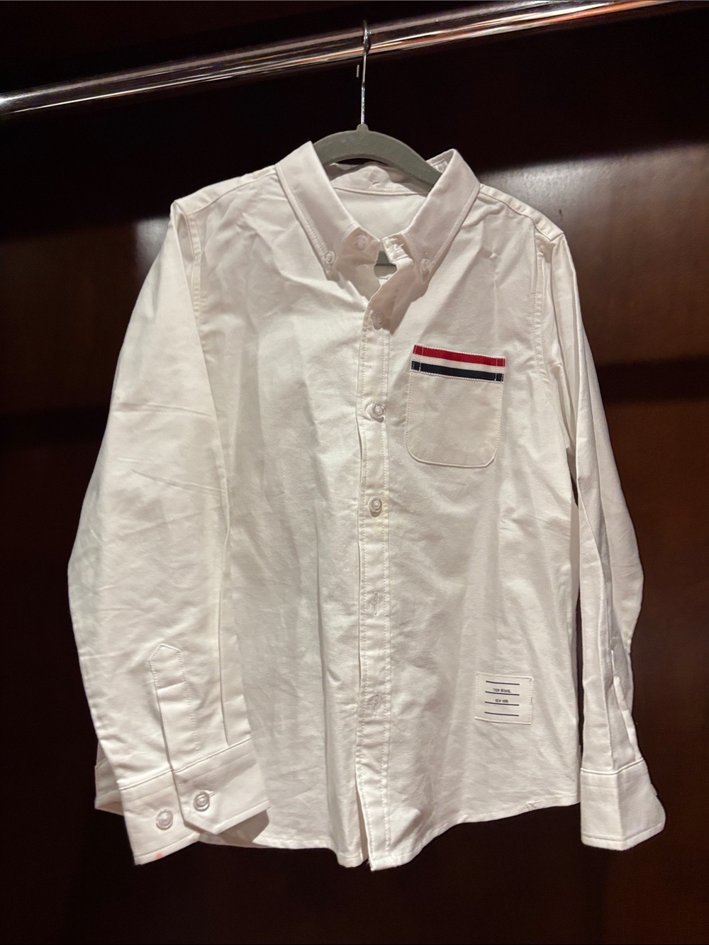 Thom Browne White Kids Button-Down Shirt with Red & Navy Chest Stripe